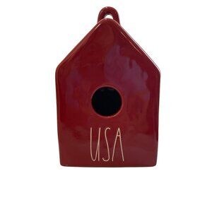 Rae Dunn Red Ceramic USA Square Birdhouse Patriotic American Decor Collectible